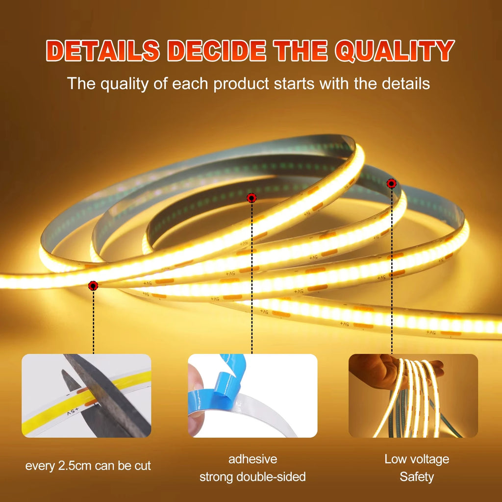 High Density COB LED Strip USB Button Switch Soft Uniform Li