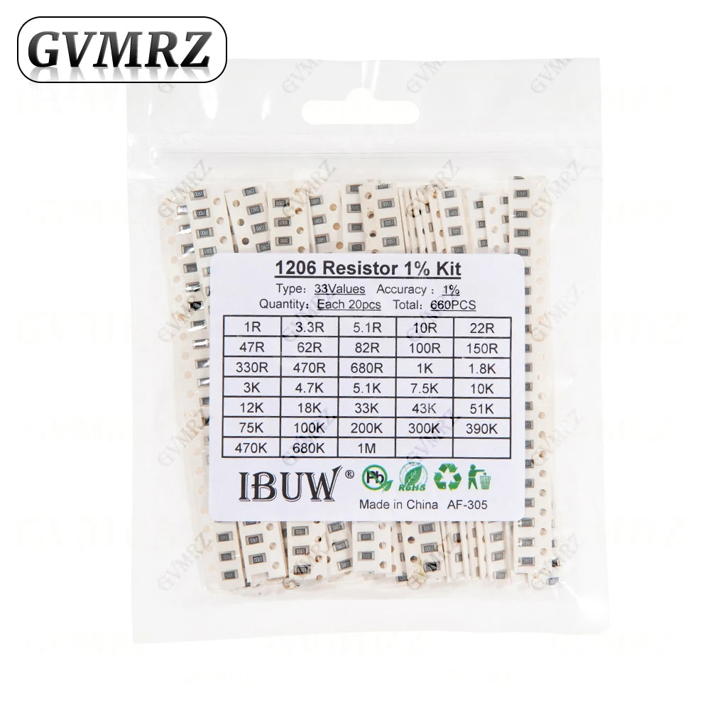 0201 0402 0603 0805 1206 1% 5% SMD Resistor Assorted Kit 1R-1M 10K 100K 1K 100R Resistance Set DIY 1R00 0R82 0R47 0R33
