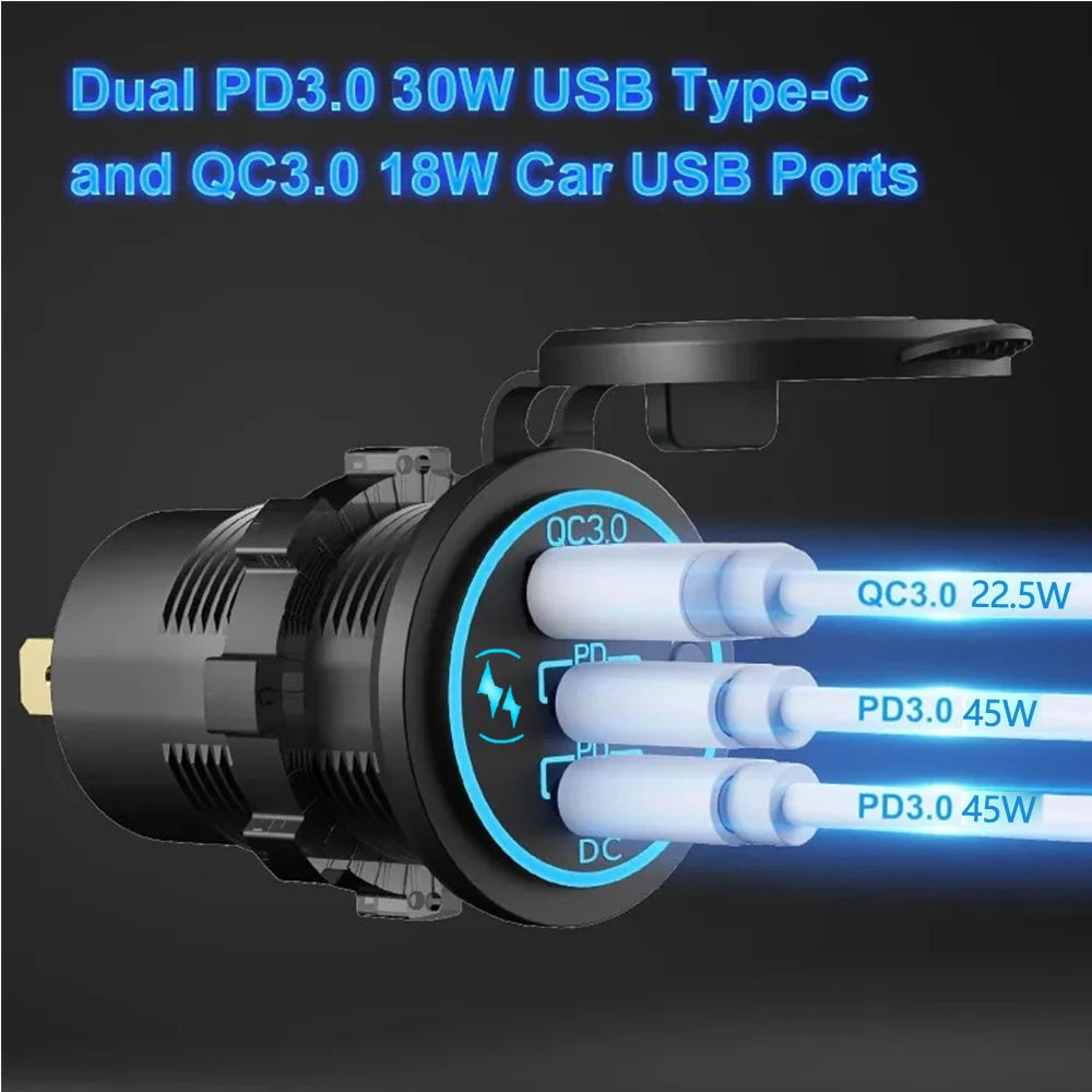 3 Ports Quick Charge Dual PD & QC 3.0 112W Aperture Car Char