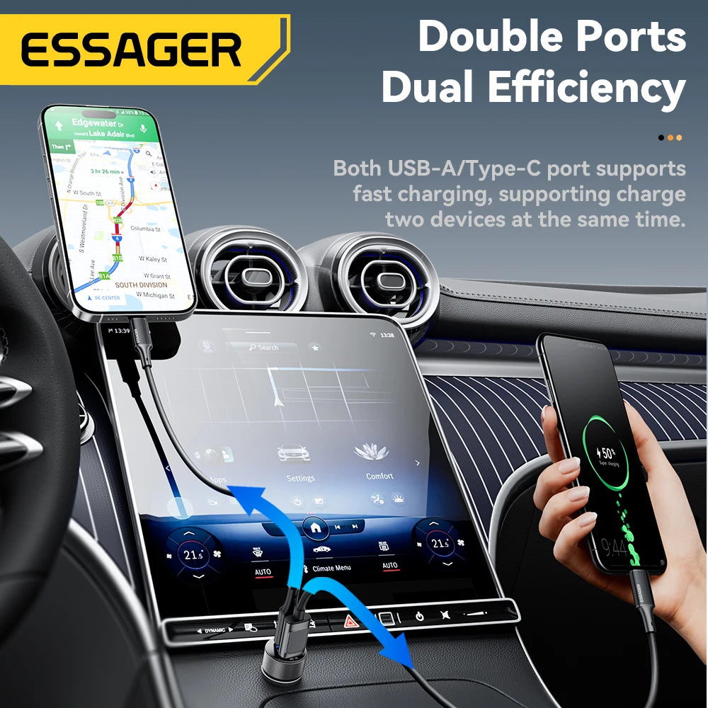Essager USB C Car Charger 45W 2 Ports PD3.0 QC3.0 Digital Di