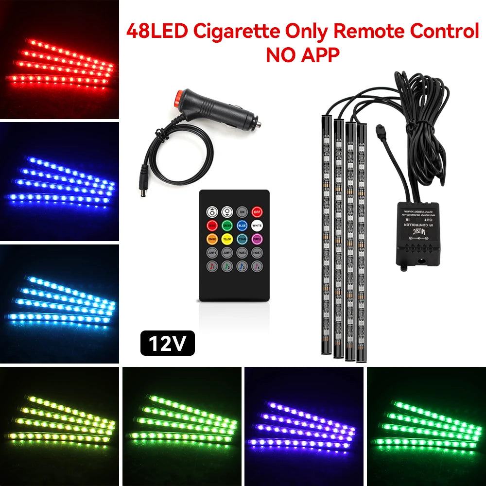 72/48/36 LED RGB Car Foot Ambient Light with USB Cigarette Automotive Interior Lights Strip Decoration Bar Remote/Voice Control