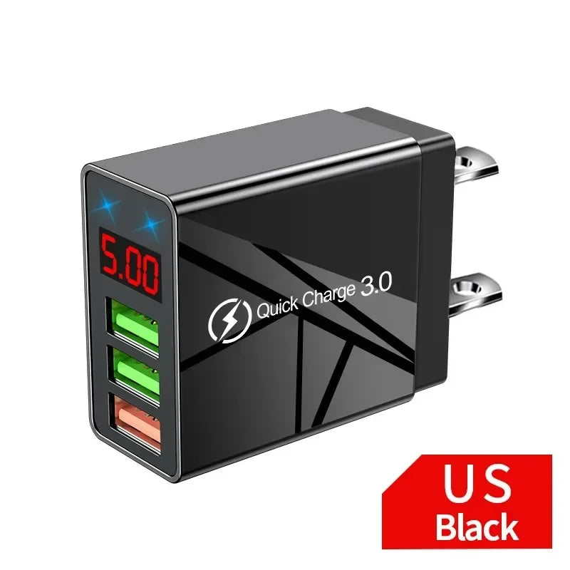 USB Charger 3 Ports Quick Fast Charging Wall Adapter with LED Digital Display For Samsung S24 Xiaomi 15 17 Pro Huawei Mate Redmi
