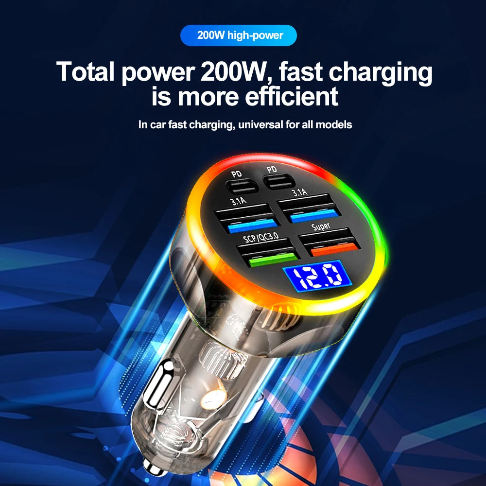 250W Fast Car Charger 6 Ports Quick Charge PD Type C USB A A