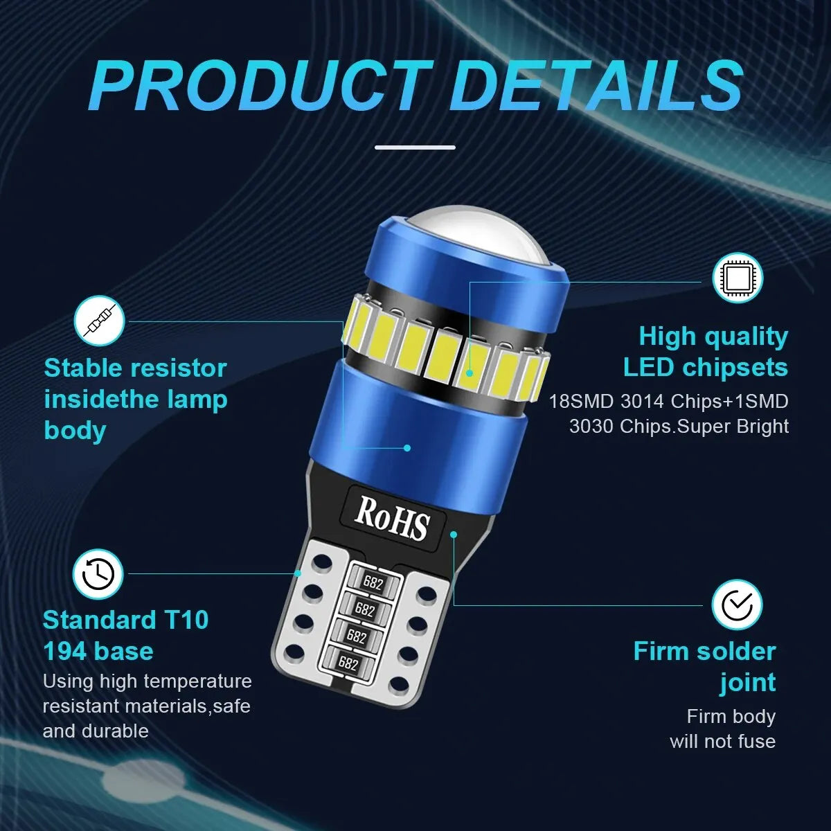2PCS T10 W5W LED CANBUS No Error 12V Car Side Interior Light