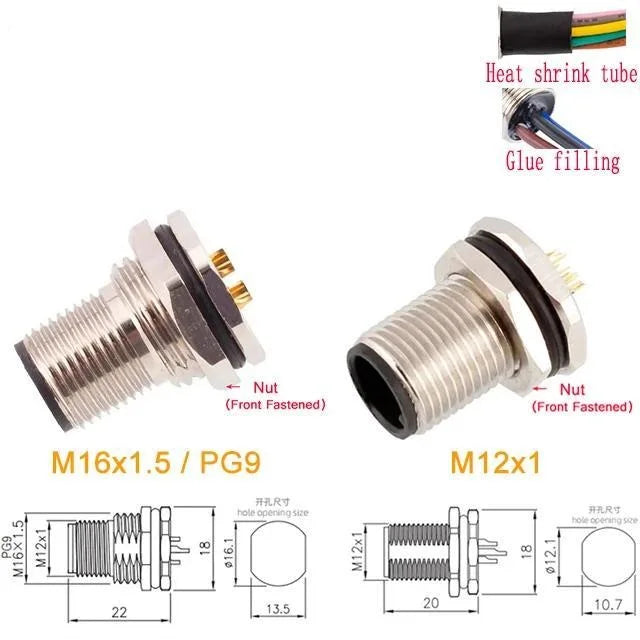 30cm Wires M12 Male Front Female Back Panel Mount Connector 2 3 4 5 6 8 12 17 Pin A B C D Code Type PG9 Hole Solder Single Wires
