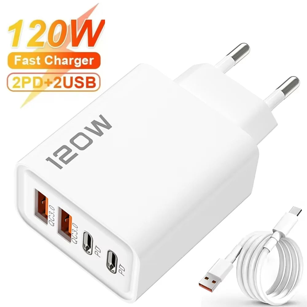 4 Port 120W USB C Fast Charger Station PD QC3.0 Wall Adapter