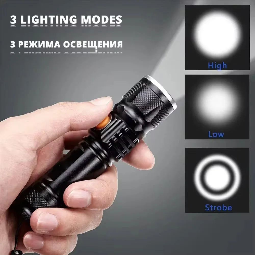 Powerful LED Flashlight With Tail USB Charging Head Zoomable