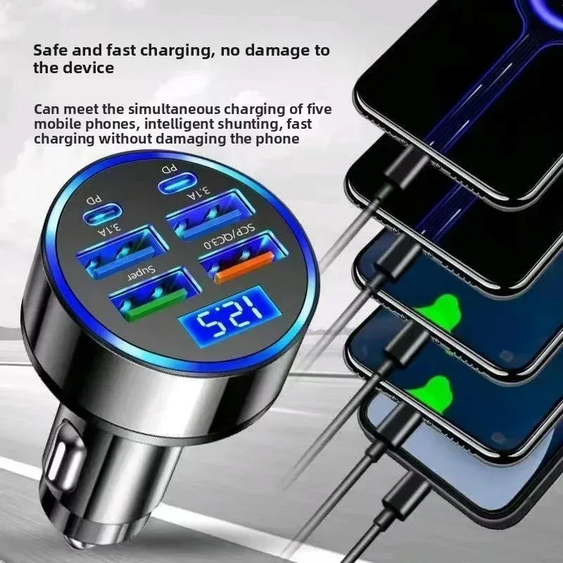 6 in 1 Car Charger Fast Charging LED Voltage Display Multi P