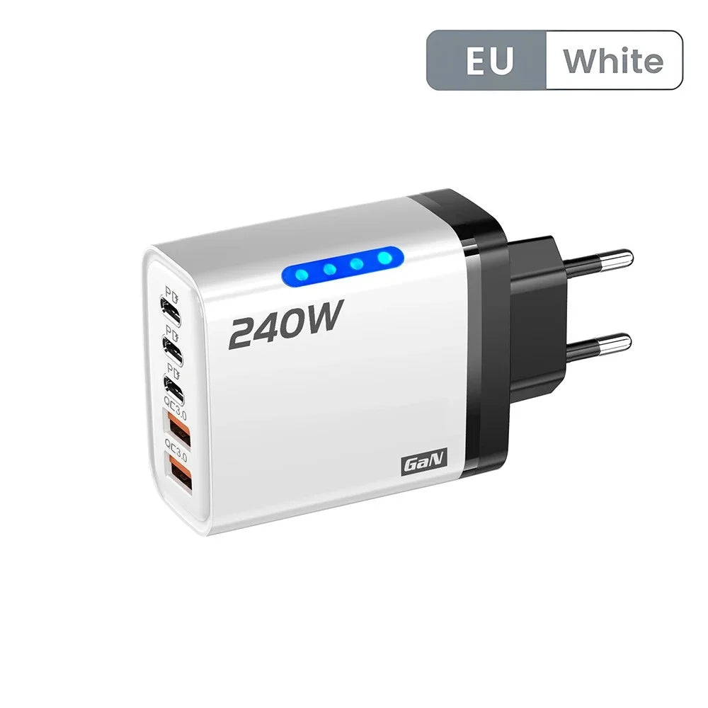 240W GaN 5 in 1 Fast Charging Phone Charger USB C Charger Power Adapter Type C EU/US Plug Wall Charger For iPhone Samsung Xiaomi