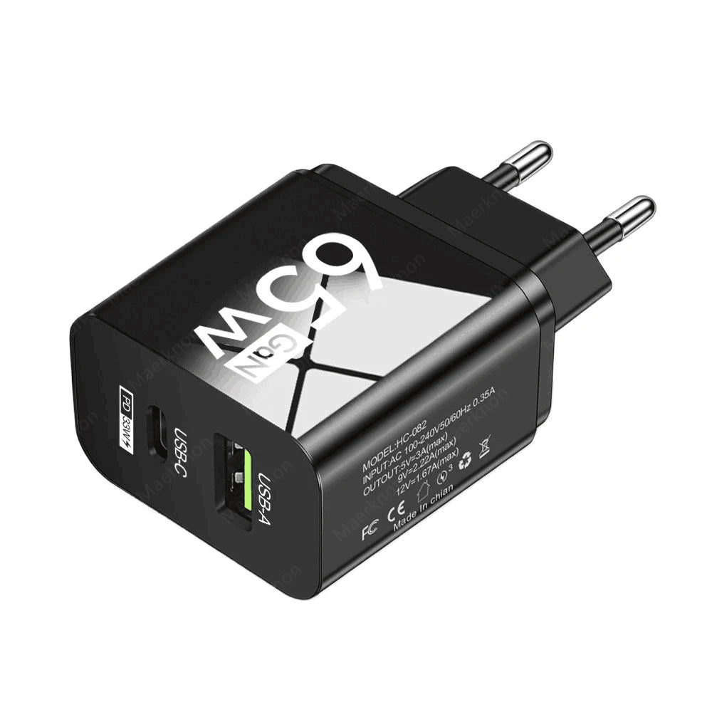 USB C Charger 65W GaN Type C Fast Charging Phone Charger Adapter For iPhone Samsung Xiaomi Quick Charge EU/US Plug Wall Charger