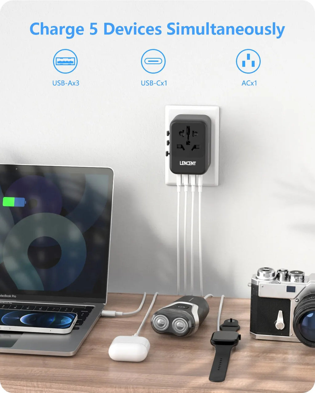 LENCENT Universal Travel Adapter with 3 USB Ports 1Type-C PD