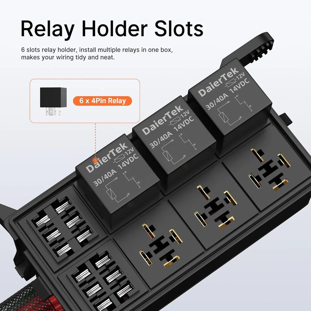 DaierTek 12V Relay Box 6 Way Relay Fuse Box 12 AWG Pre-wired