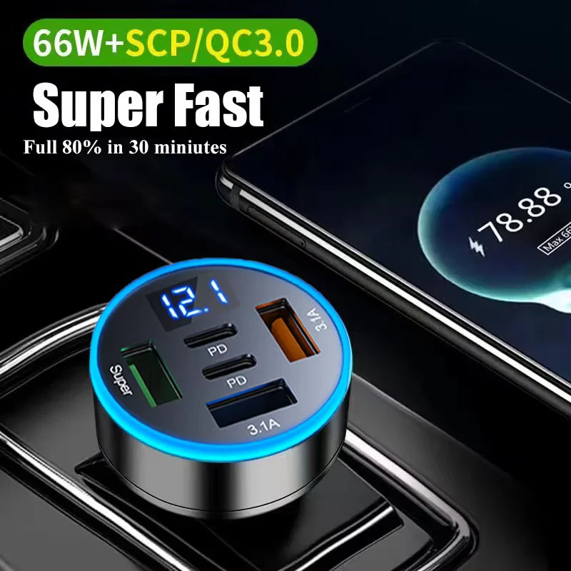 5 in 1 USB Car Phone Charger Adapter with Voltage Display Du