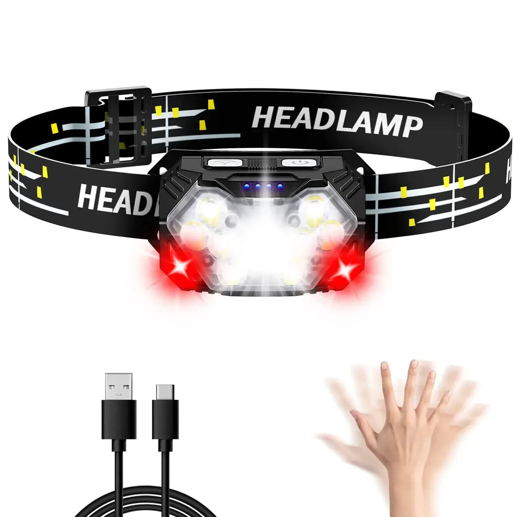 New 2000LM Ultra Bright 9 LED Headlamp USB Rechargeable Headlight 6 Modes Waterproof Motion Sensor Head Lamp Work Flashlight