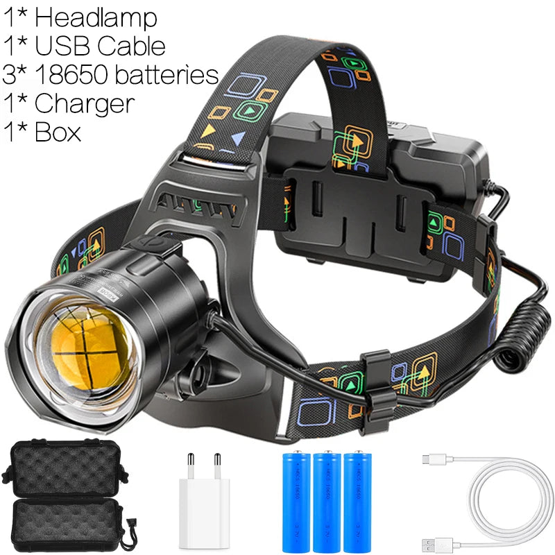 Powerful XHP100 Led Headlamp Zoomable USB Rechargeable Headlight Waterproof Output 18650 Head Torch Fishing Flashlight Camping