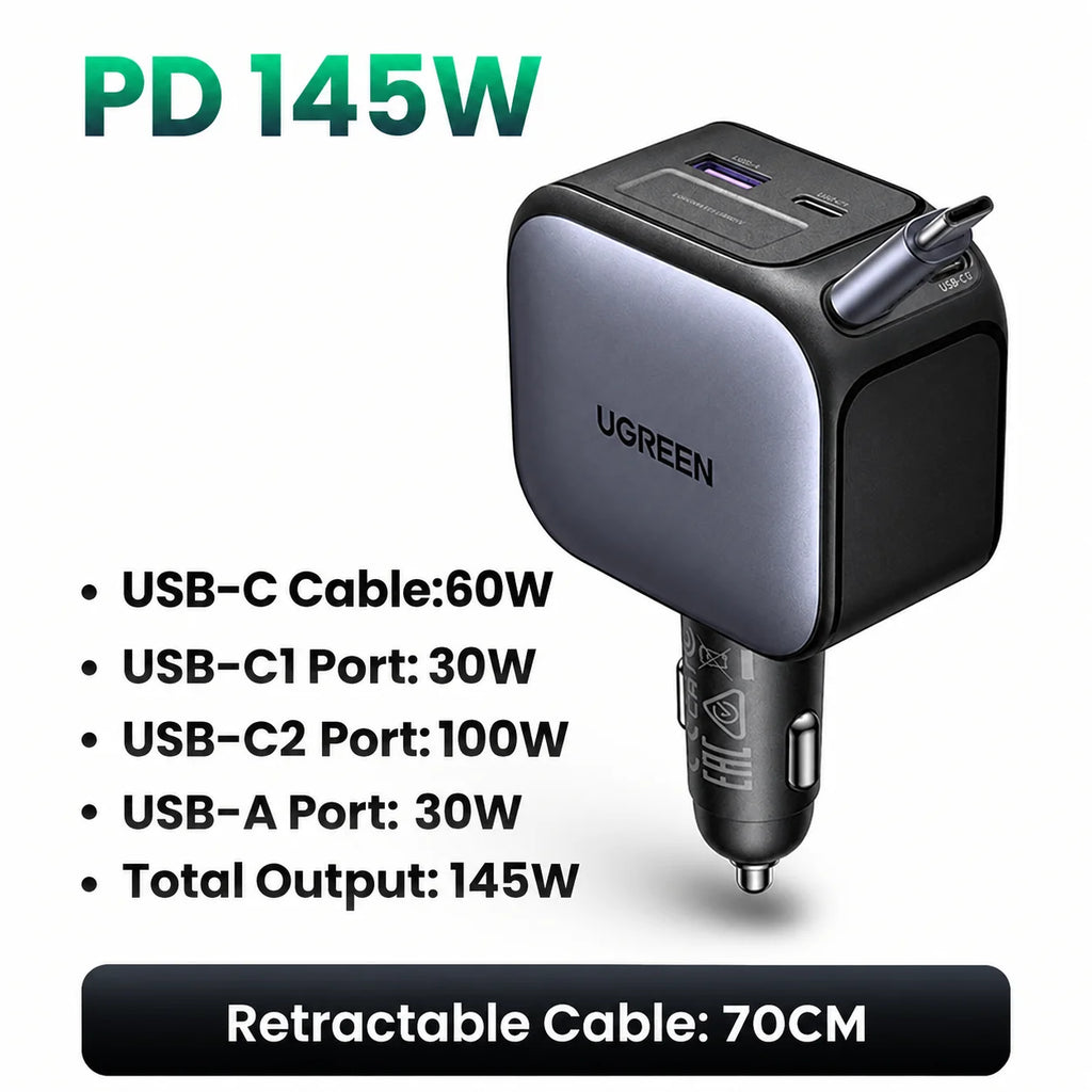 UGREEN 145W 90W 60W Car Charger 3 USB-C & 1 USB-A Ports PD QC4.0 Fast Charging with Retractable Cable for iPhone 18 17 MacBook