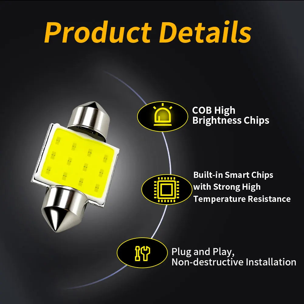 2PCS Powerful COB LED Festoon 31/36/39/41MM Signals 6000K Pl