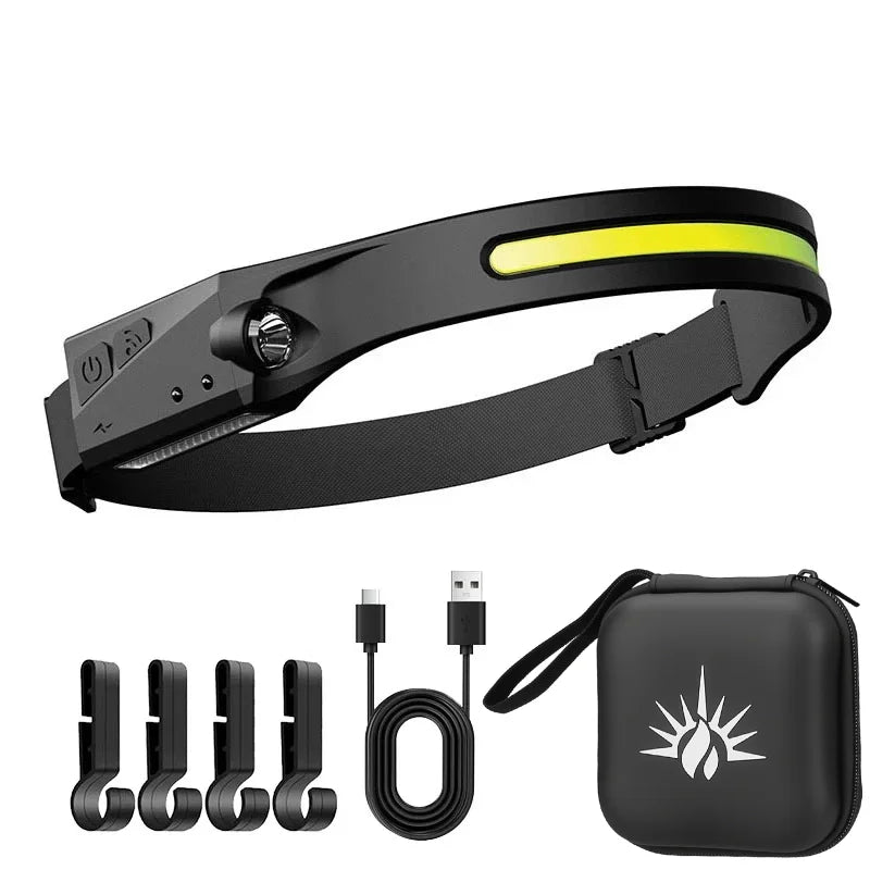 COB LED Headlamp Sensor Headlight with Built-in Battery Flashlight USB Rechargeable Head Lamp Torch 5 Lighting Modes Work Light