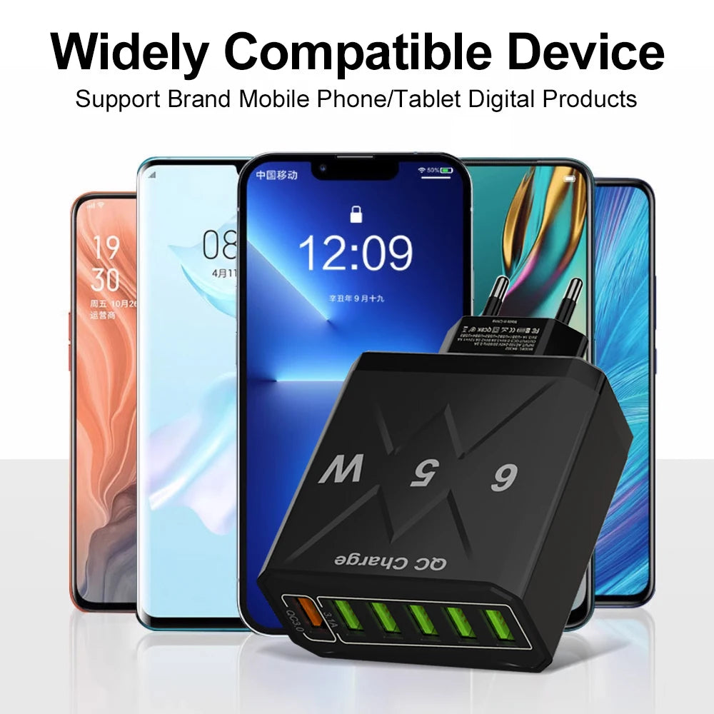 6 Ports USB Charger Fast Charging QC3.0 Travel Charger For I