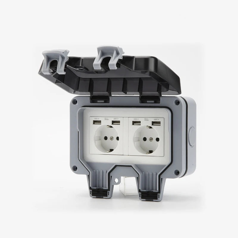 International Universal IP66 USB Wall Outdoor Waterproof Switch Socket UK EU DE Korea Rain Proof Charging Outlet Waterproof Box