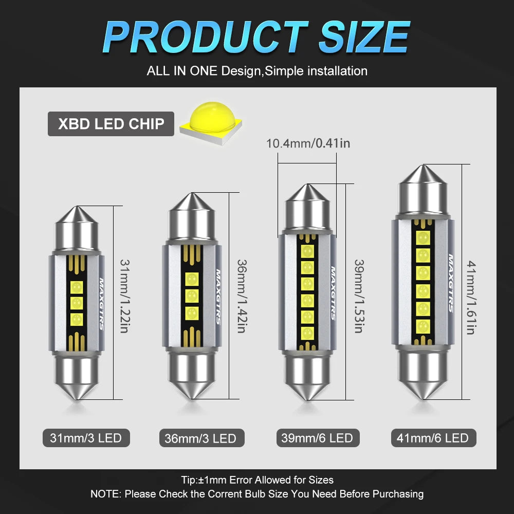 2Pcs MAXGTRS LED C5W C10W 39mm 41mm 42mm LED Festoon Canbus 