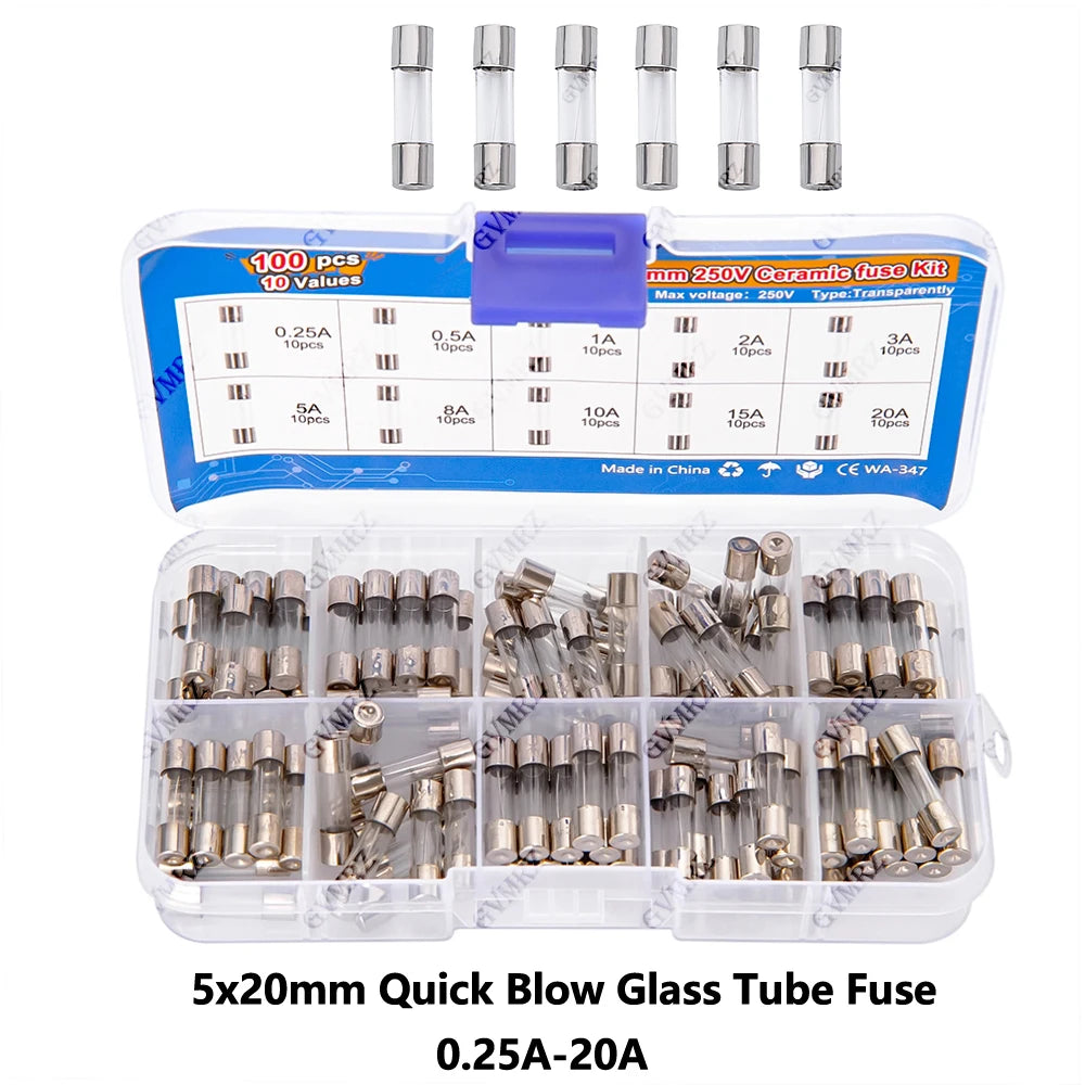 100pcs 5x20mm Quick Blow Glass Tube Fuse Assorted Kit Amp 0.