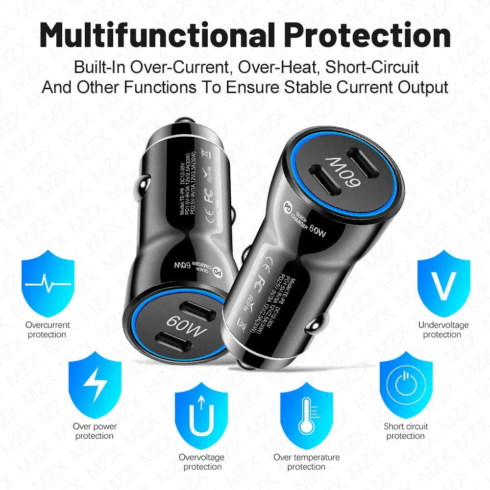 MZX 60W Smart Car Charger PD Type C Quick Dual USB A Fast Ch