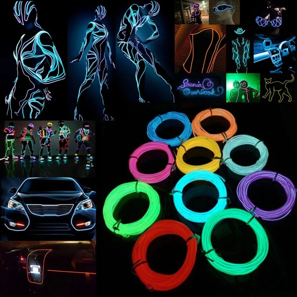 10m/5m/3m/1m 3V Battery 5V USB 12V Neon Glow EL Wire Rope wi