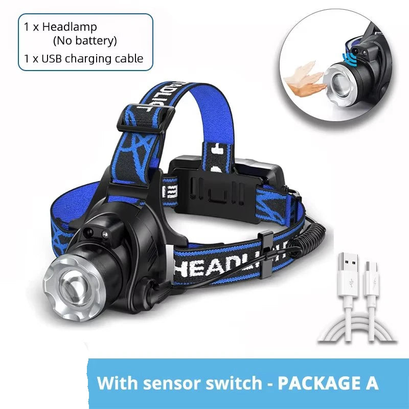 High Power LED Headlamp Fishing Headlight 3 Modes Zoomable Waterproof Super Bright Camping Light Powered by 2x18650 Batteries