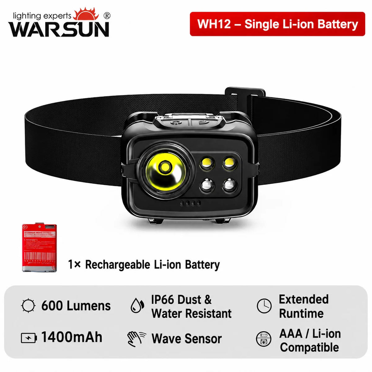WARSUN WH12 Super Bright Rechargeable Headlamp Replaceable Battery Motion Sensor LED Headlight for Night Fishing Camping and H