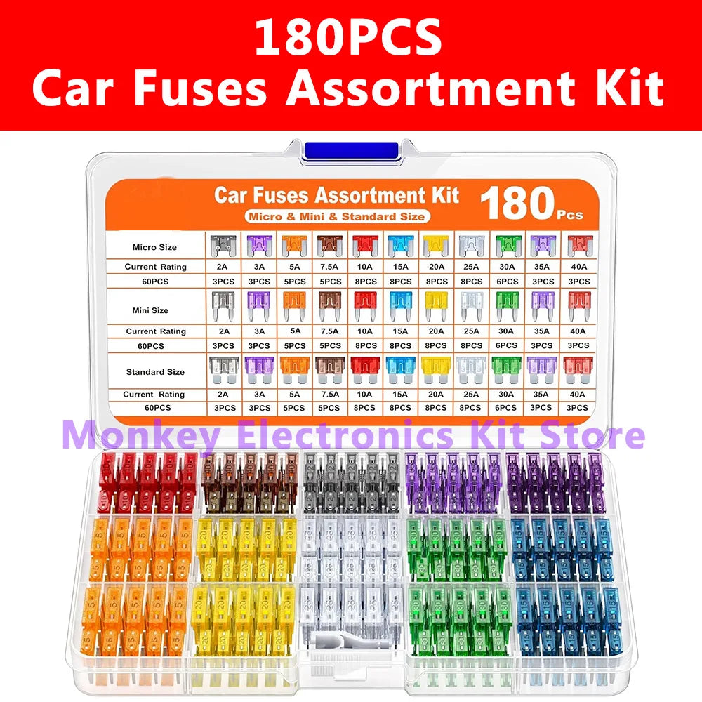 1 Set 180Pcs Car Fuses Assorted Kit 60 Mini Blade Car Fuse +