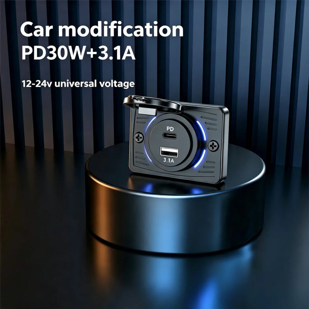 12V-24V PD+USB Car Charger Socket 45W Fast Charge Blue LED I