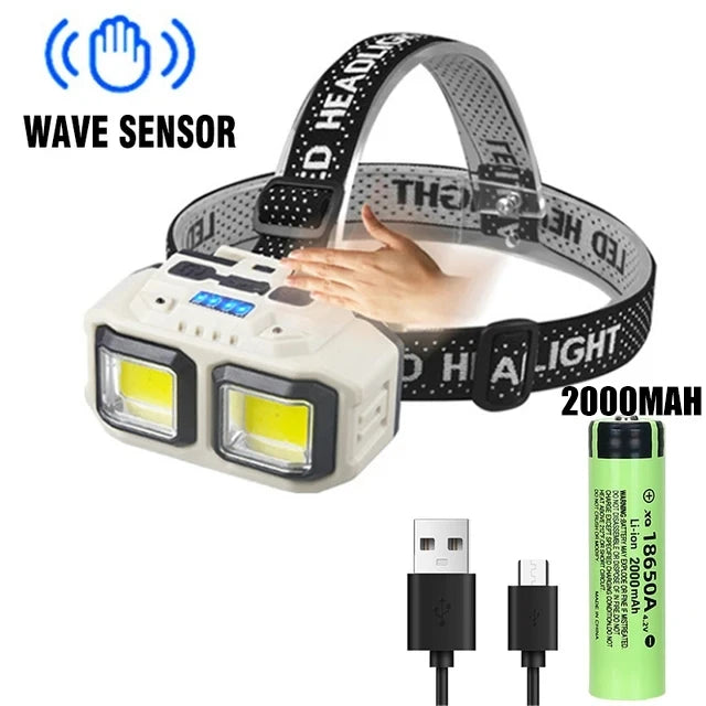Super Bright LED Sensor Headlamp Type-C Charge Head Flashlight with 18650 Battery Outdoor Waterproof Camping Fishing Headlight
