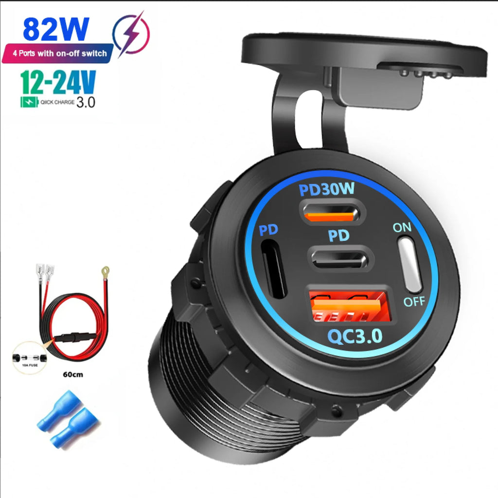 New Car USB Charger PD3.0 & QC3.0 Fast Charging Socket with Voltmeter On/Off Switch 12/24V For Motorcycle Boat Auto Accessories