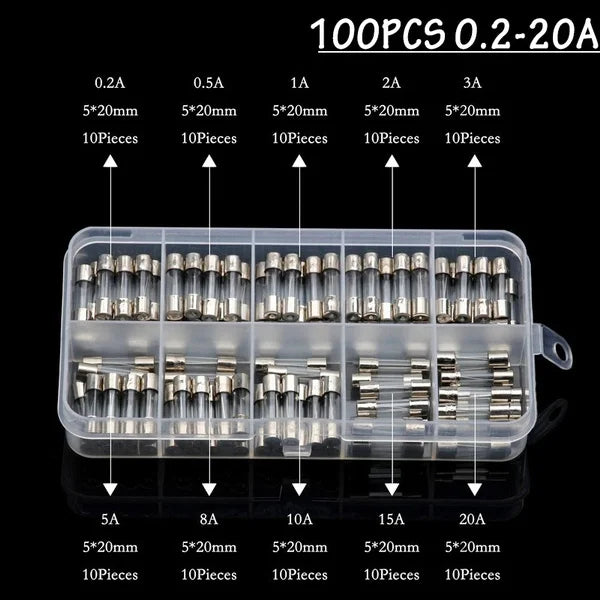 100Pcs Fast-blow Glass Tube Fuses 5 20 Household Fuses Car Glass Tube Fuses Assorted Kit 5X20 with Box Fusiveis 0.1A-30A