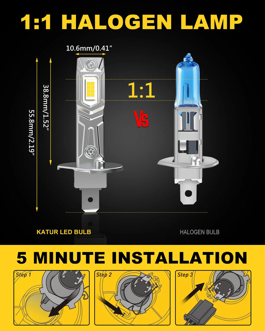 Katur 2Pcs H1 LED Bulbs Super Bright High Beam H1 Car LED He