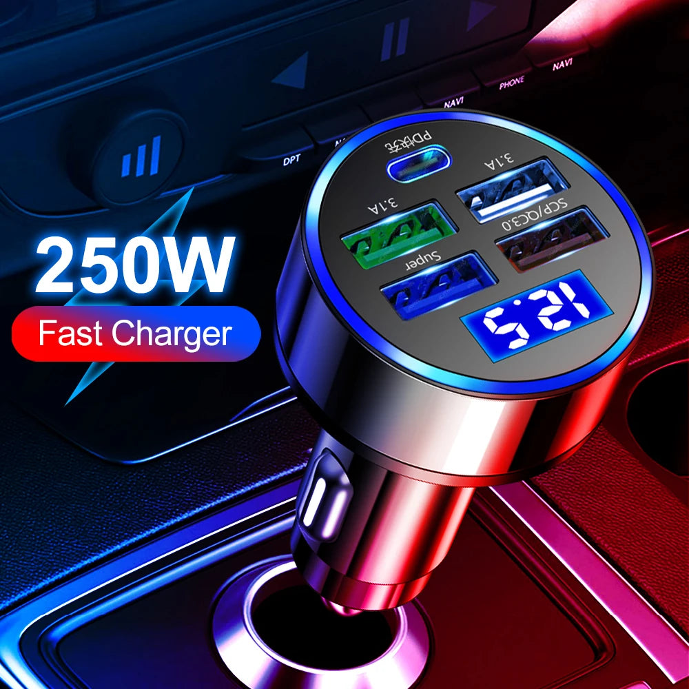 250W LED Car Charger 5 Ports Fast Charge PD QC3.0 USB C Car 