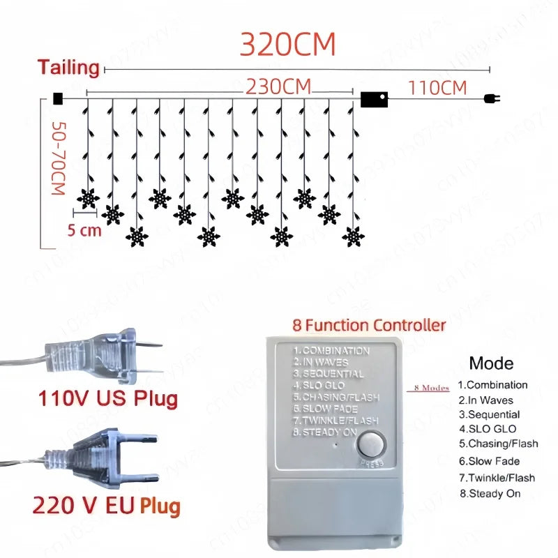 3.2M Christmas Snowflakes LED String Lights Flashing Fairy C