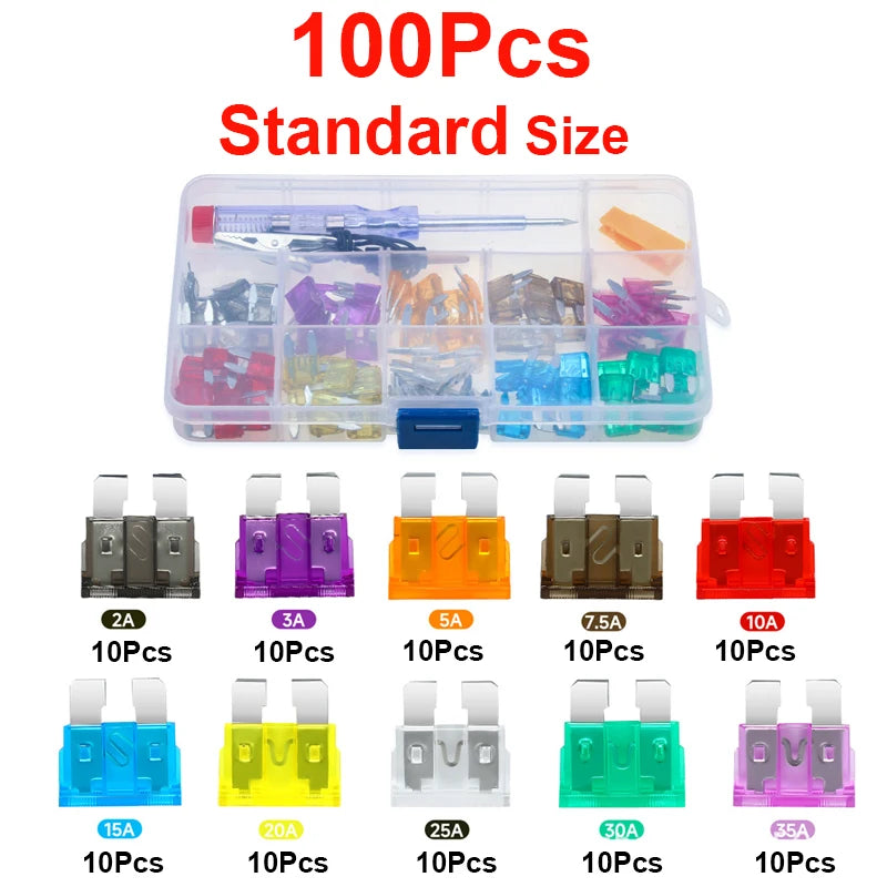 100/200Pcs Car Blade Fuse Assortment Kit Auto Truck Automotive Medium Small Sizes Mixed Motorcycle Circuit Fuse With Box 2A-35A