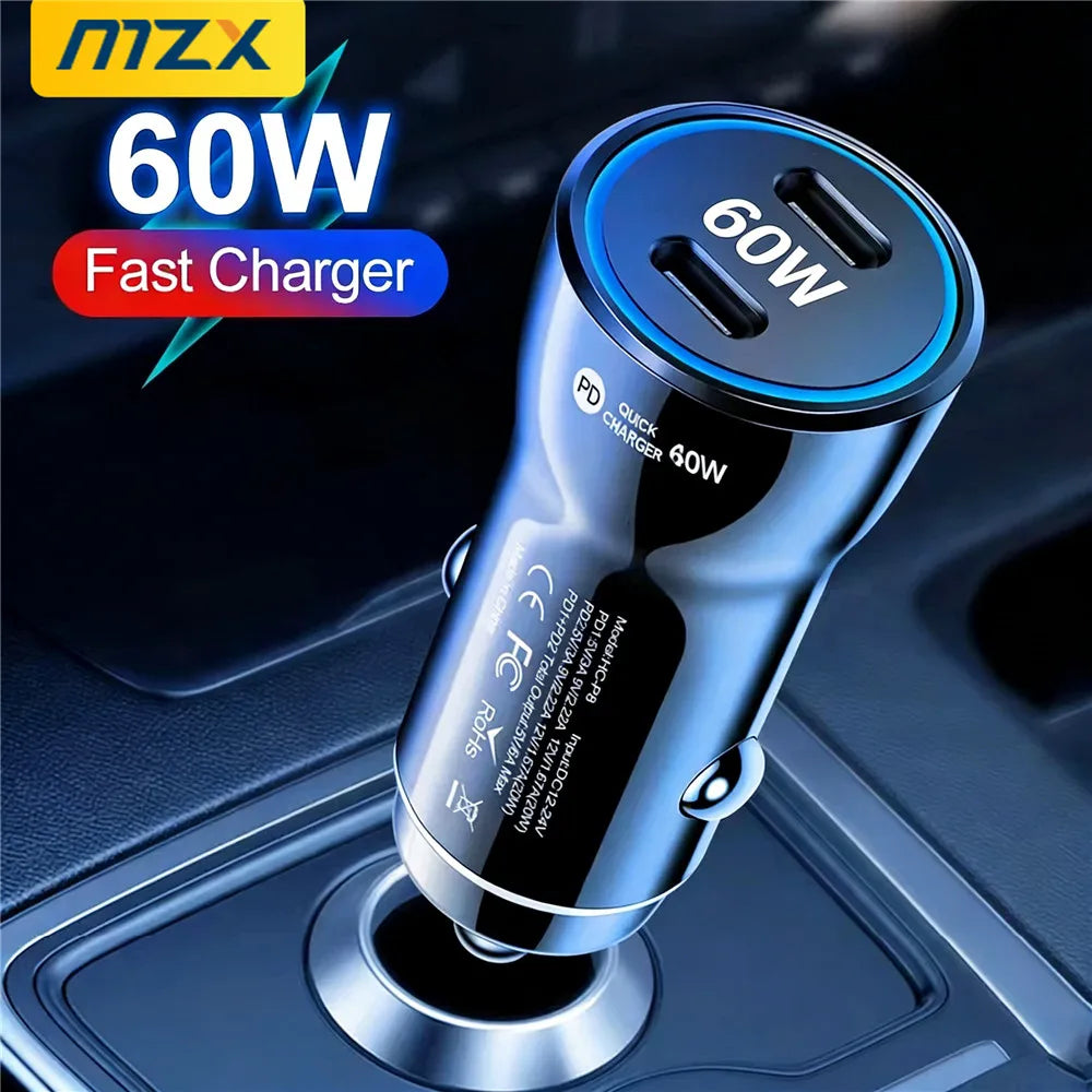 MZX 60W Smart Car Charger PD Type C Quick Dual USB A Fast Ch