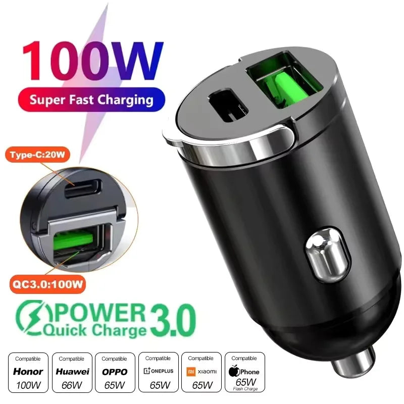 200W Dual USB Car Charger Pull Ring Fast Charging Car Phone 