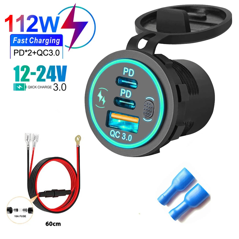 3 Ports Quick Charge Dual PD & QC 3.0 112W Aperture Car Charger Outlet Socket For 12V 24V Motorcycle Boat Marine Truck ATV