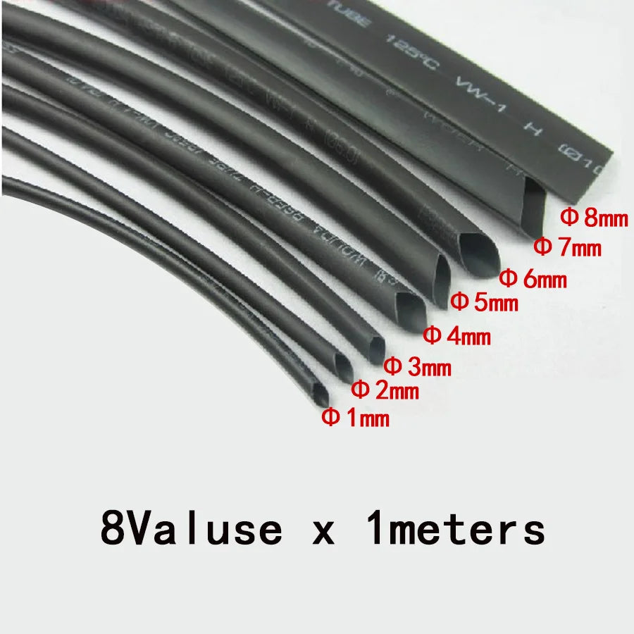 8 Meter/set Heat Shrink Tubing 1/2/3/4/5/6/8mm 2 1 Black Ins