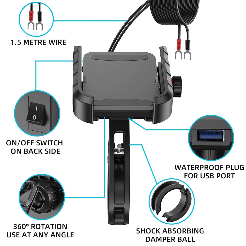 Motorcycle Phone Mount with Charger USB C 20W Fast Charging 