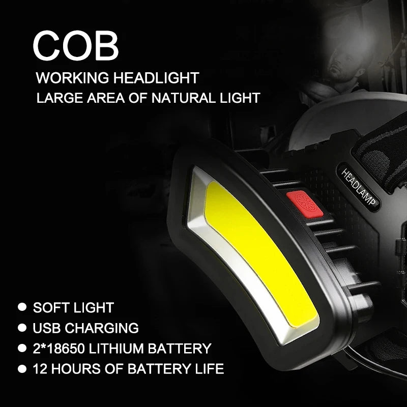 COB LED Headlamp USB Rechargeable Red White Light Fishing He
