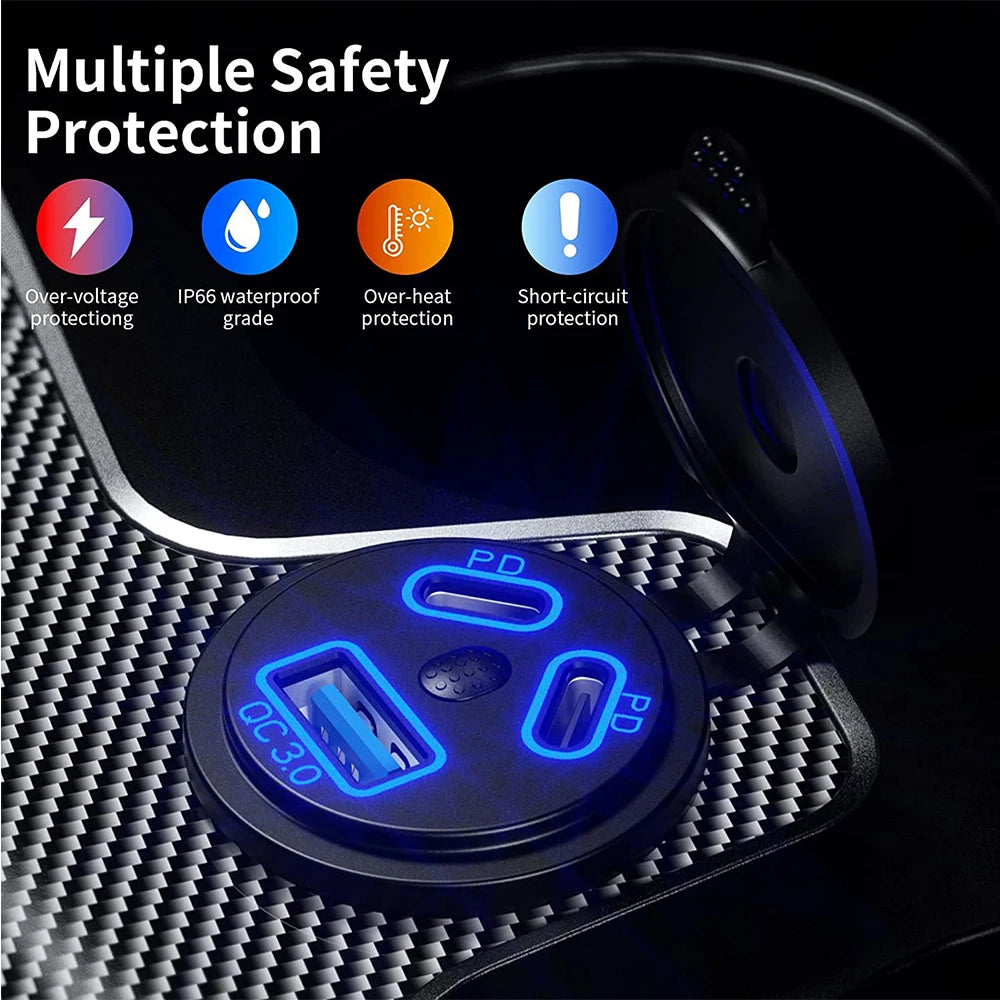 12V/24V USB Outlet 108W 3 Ports Car Charger Socket Dual 45W 