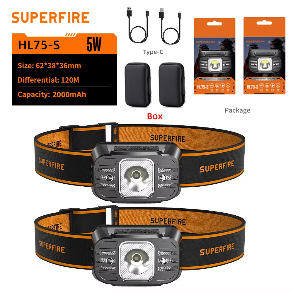 New SUPERFIRE Mini LED Headlamp USB-C Rechargeable Sensor Headlight Powerful Head Flashlight Torch For Camping Fishing Lantern