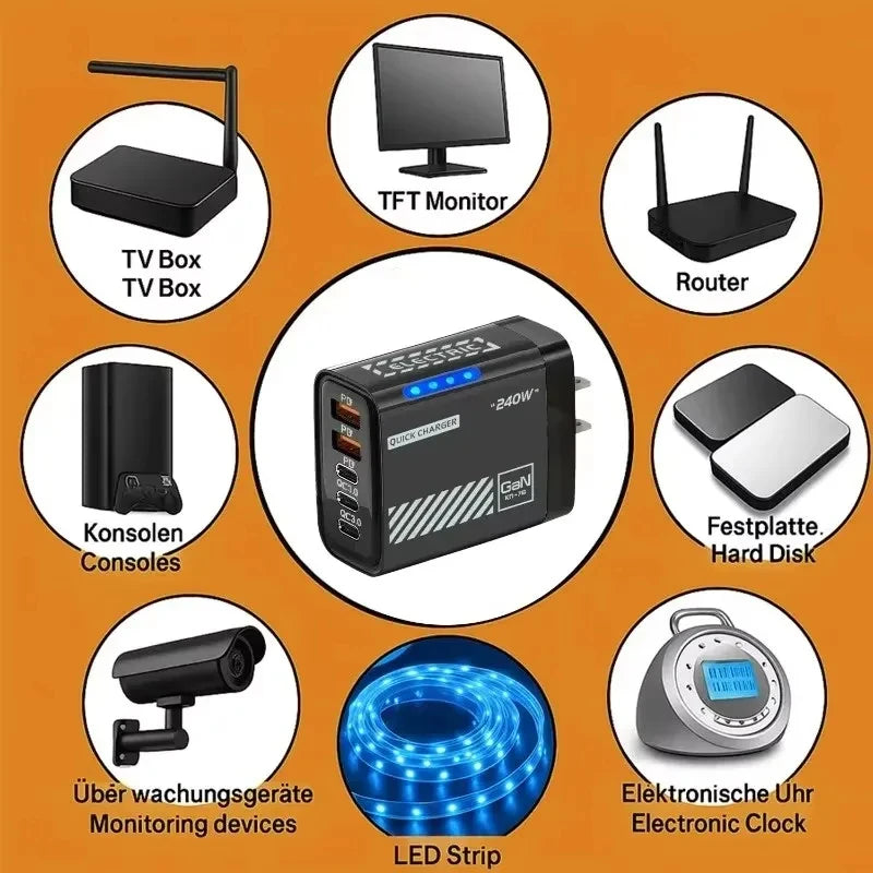 240W QC3.0 PD 5 Ports GaN Fast Charger US/EU Plug Phone Char