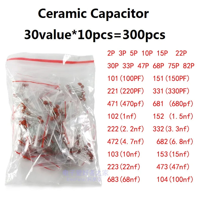 300pcs 30value 50V Ceramic Capacitor Assorted Kit Assortment