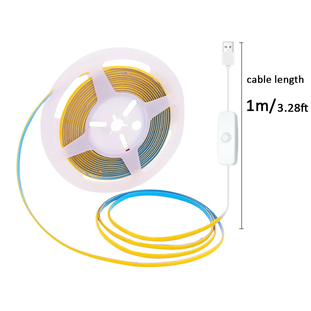 3mm Ultra Thin Led COB Strip USB 5V Flexible Led Strip Light